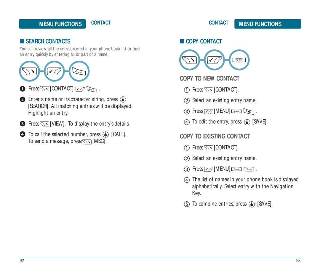 Helio Ocean user manual Copy to NEW Contact, Copy to Existing Contact, Search Contacts, Copy Contact 