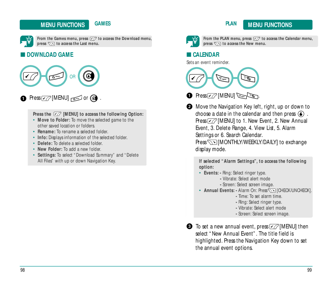 Helio Ocean Menu Functions Games, Download Game, Calendar, Plan, Press MONTHLY/WEEKLY/DAILY to exchange display mode 