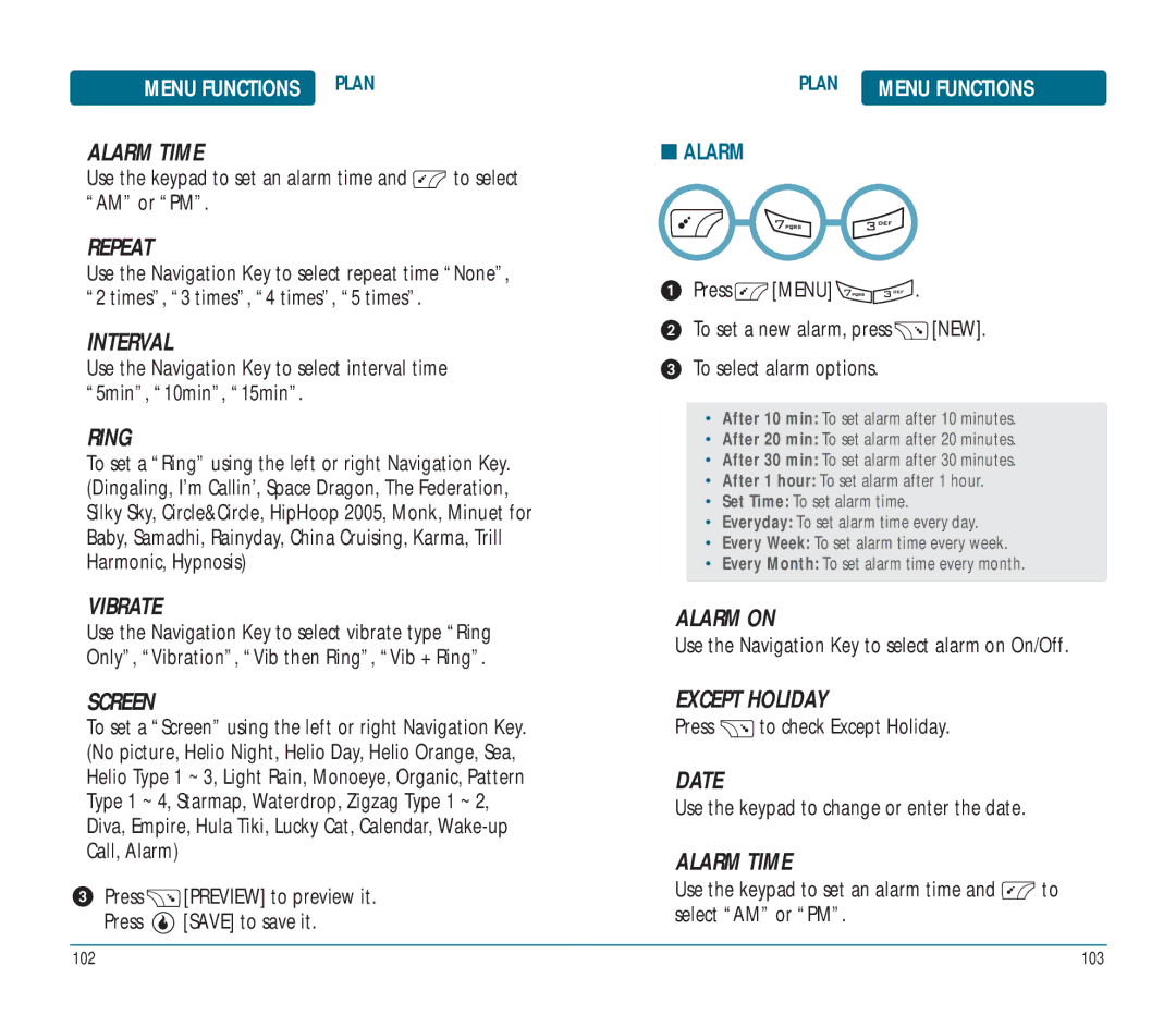 Helio Ocean user manual Repeat, Interval, Ring, Vibrate, Screen, Except Holiday 