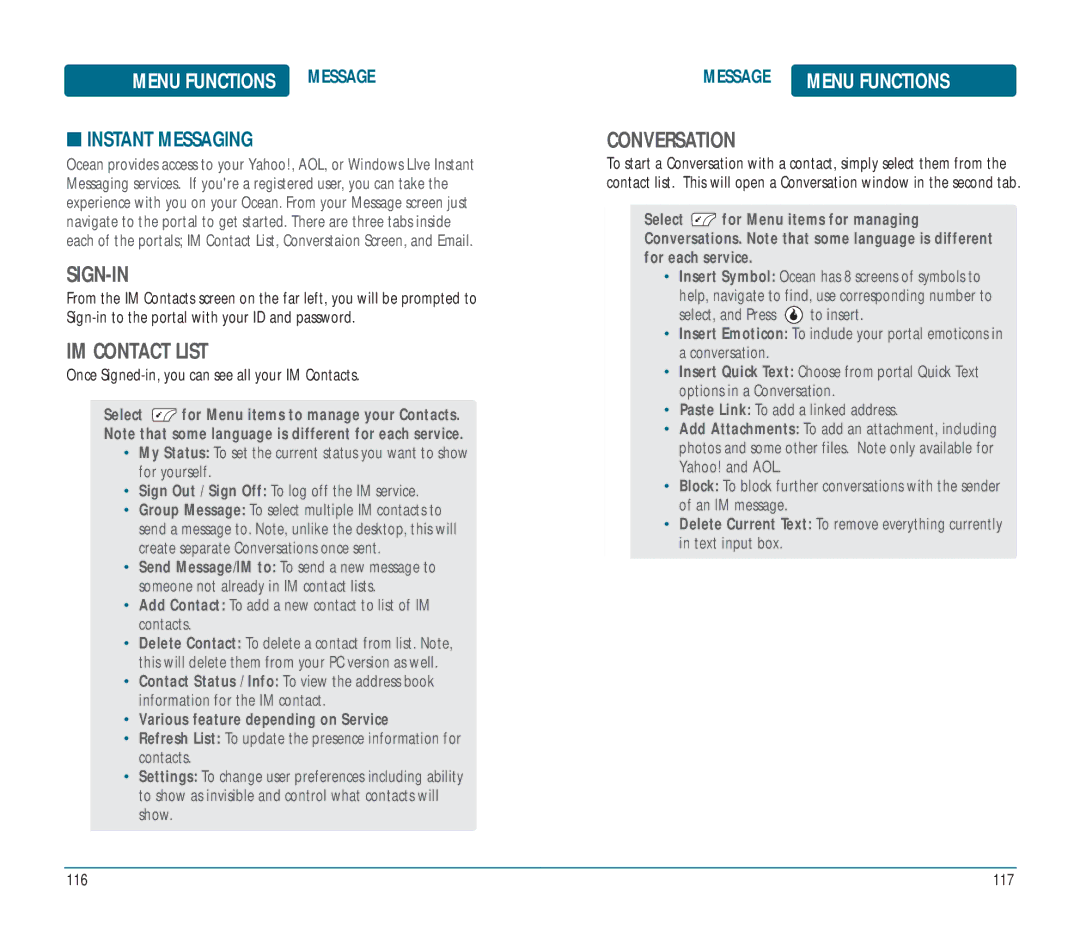 Helio Ocean user manual Sign-In, IM Contact List, Conversation, Instant Messaging, Various feature depending on Service 