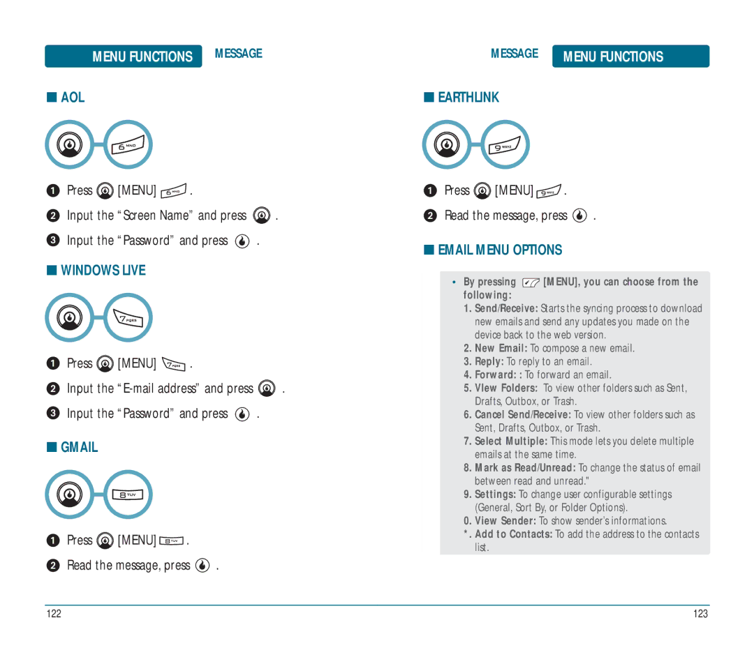 Helio Ocean user manual Aol, Windows Live, Gmail, Earthlink, Email Menu Options 