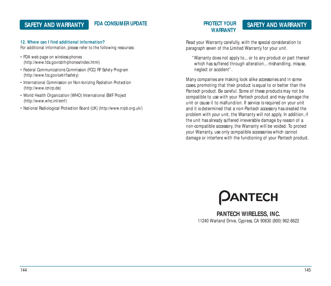 Helio Ocean user manual Pantech WIRELESS, INC, Warranty 