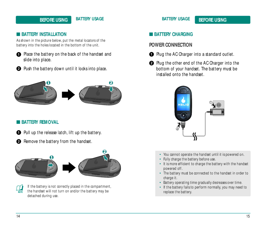 Helio Ocean user manual Power Connection, Battery Installation, Battery Removal, Battery Charging, Battery Usage 