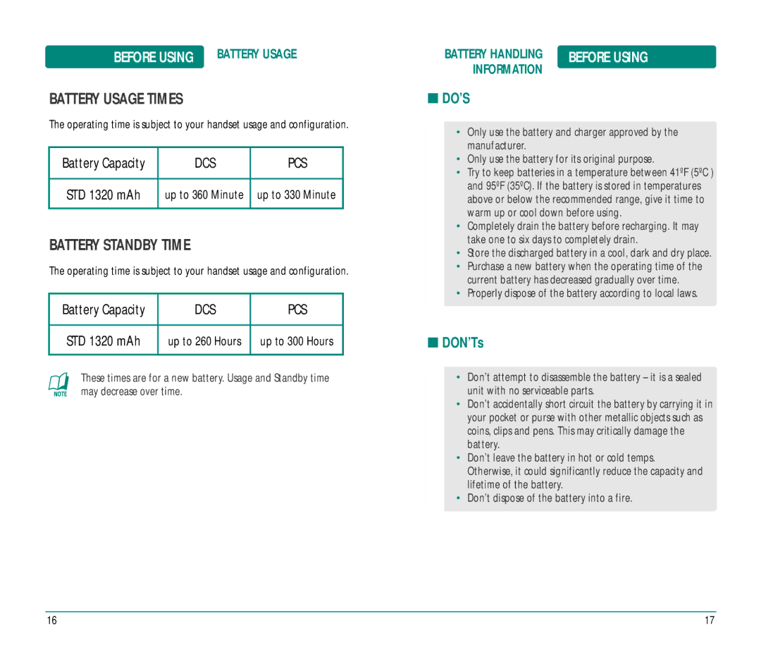 Helio Ocean user manual Battery Usage Times, Battery Standby Time, Information 