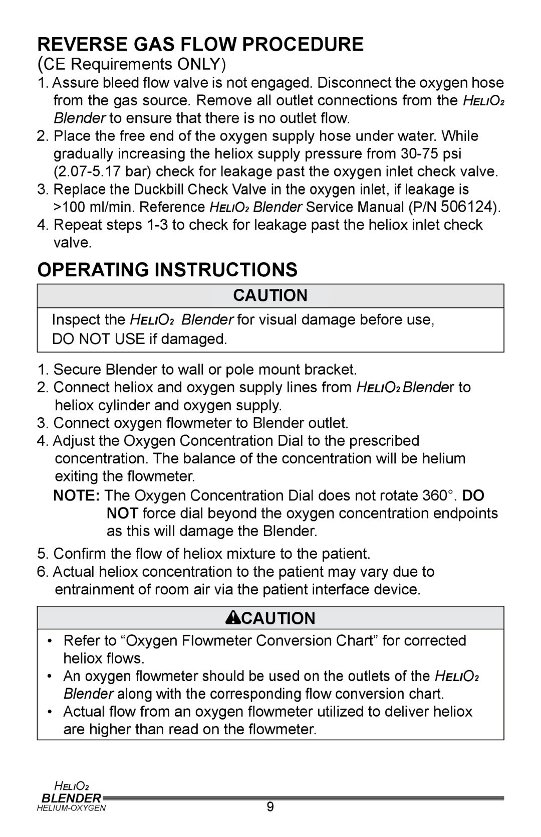 Helio PM5500, PM5400 user manual Reverse Gas Flow Procedure, Operating Instructions 