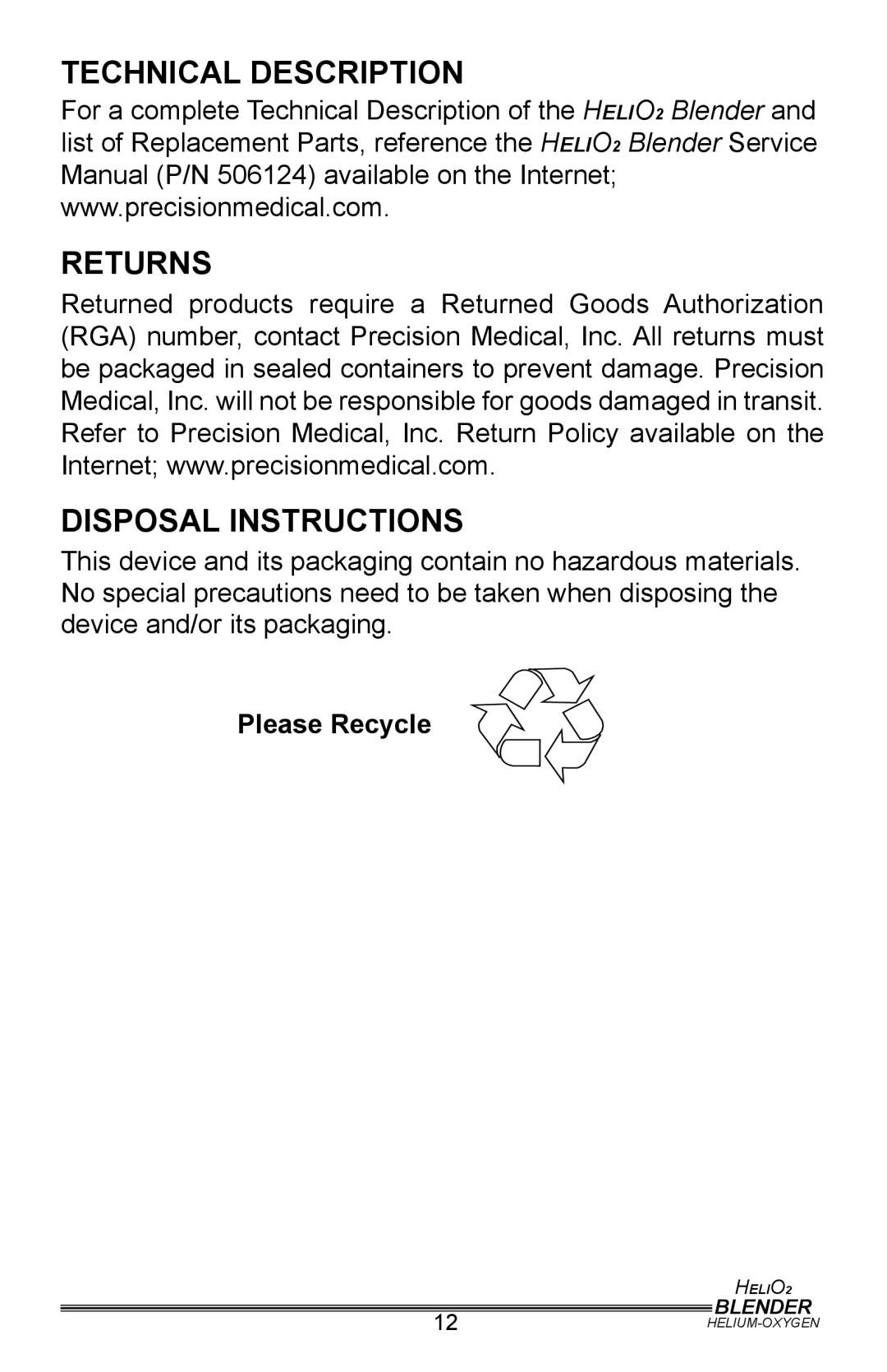 Helio PM5400, PM5500 user manual Technical Description Returns Disposal Instructions 