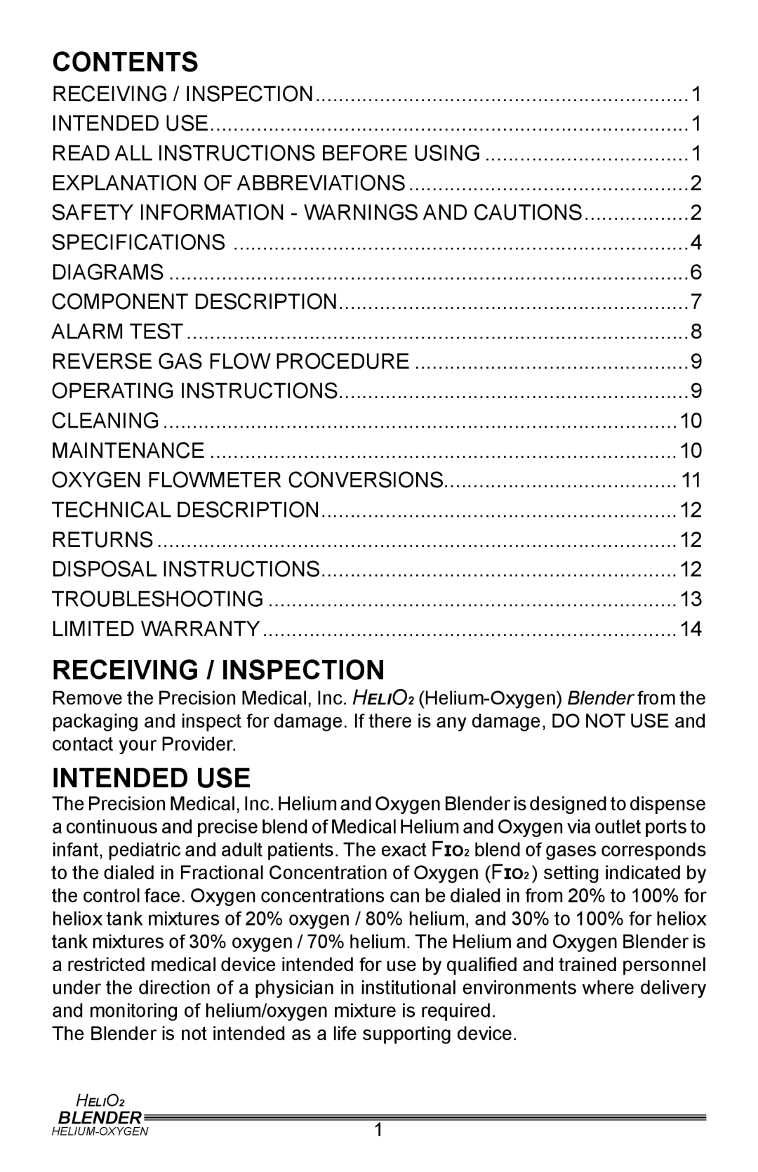 Helio PM5500, PM5400 user manual Contents, Receiving / Inspection, Intended Use 