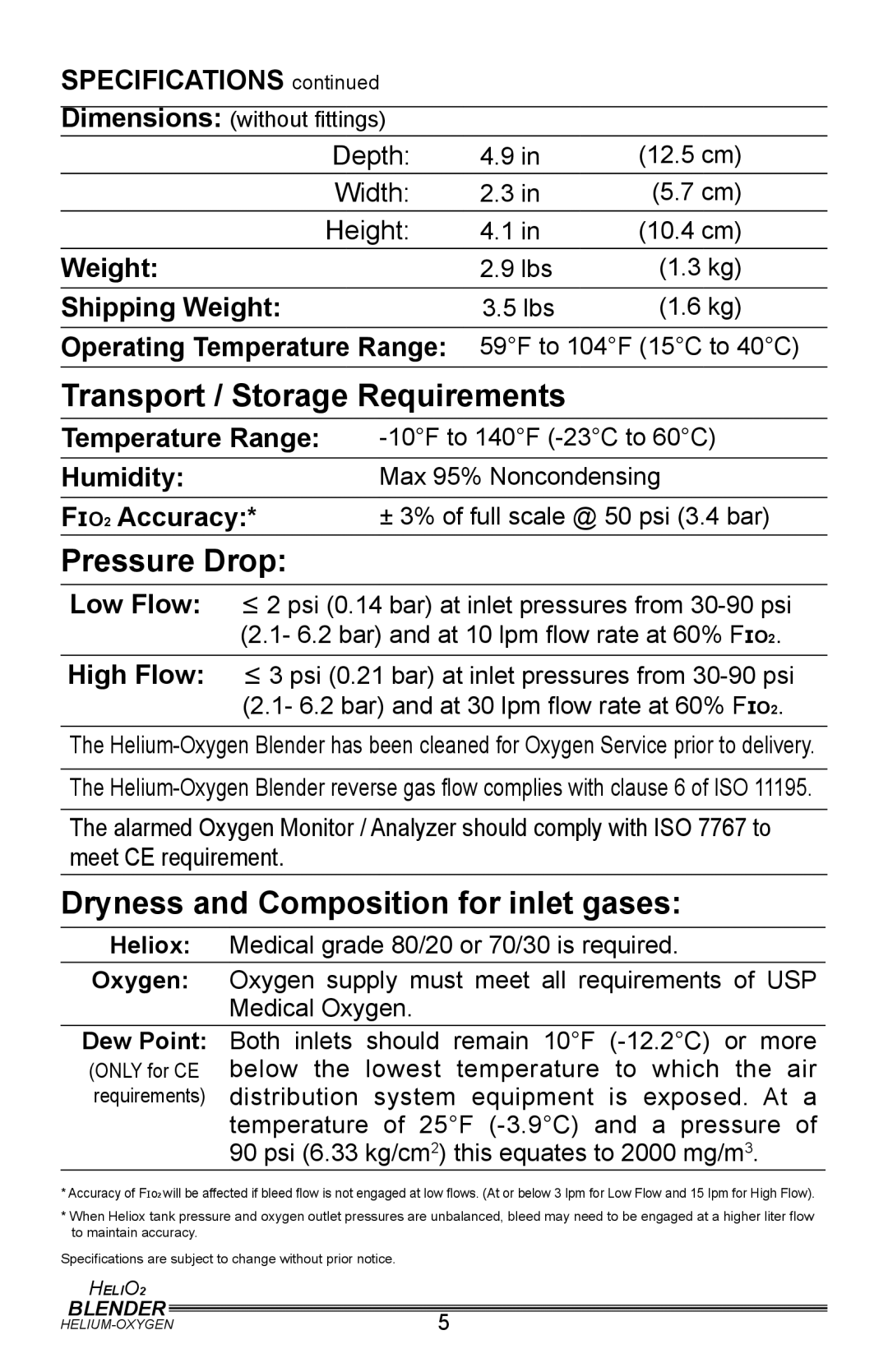 Helio PM5500, PM5400 user manual Transport / Storage Requirements, Pressure Drop, Dryness and Composition for inlet gases 