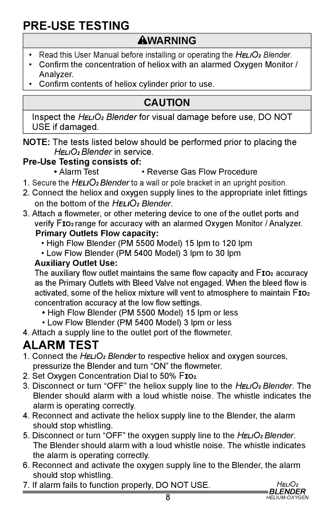 Helio PM5400, PM5500 user manual Pre-use testing, Alarm Test 