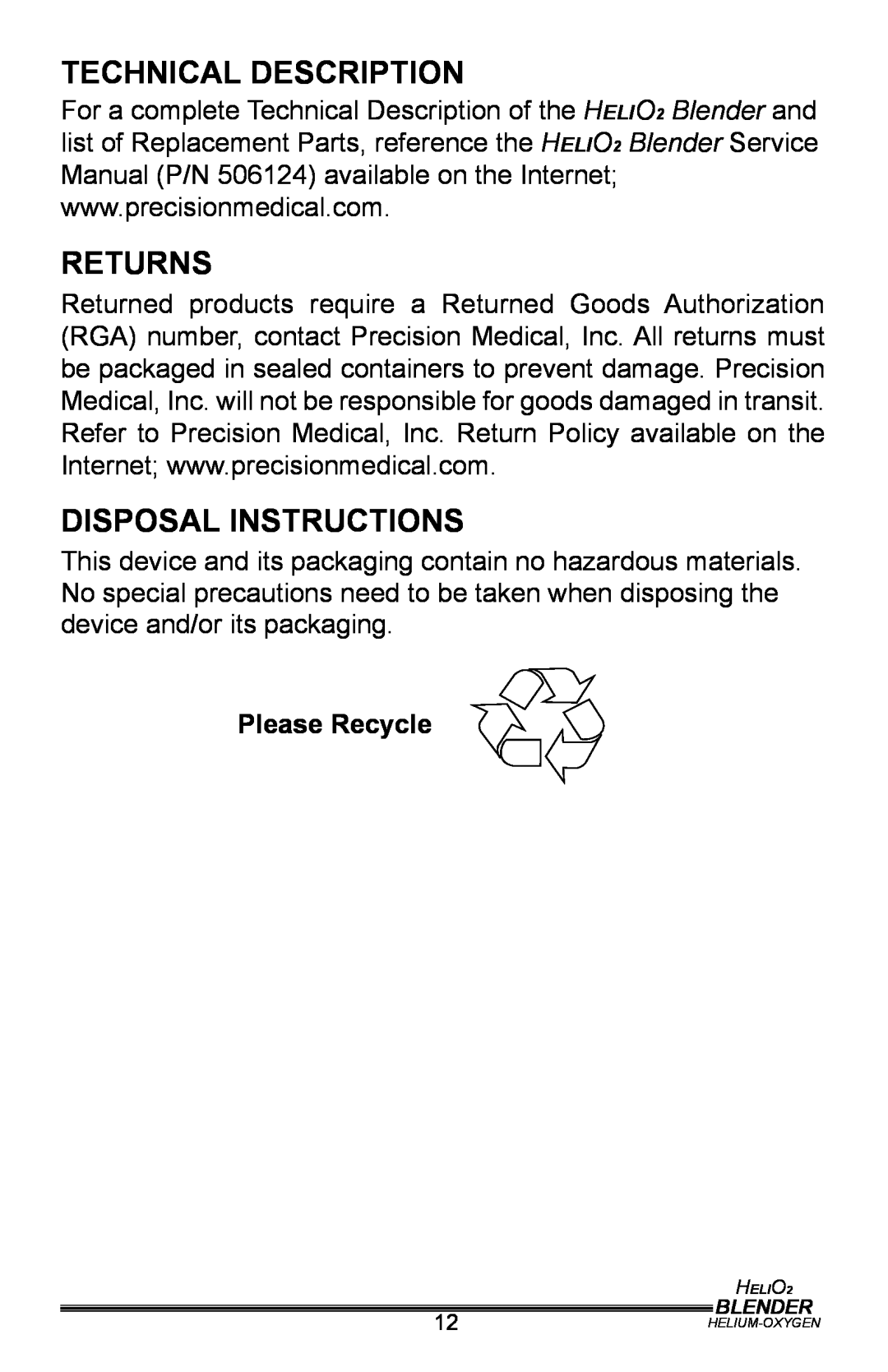 Helio PM5400, PM5500 user manual Technical Description, Returns, Disposal Instructions, Please Recycle 