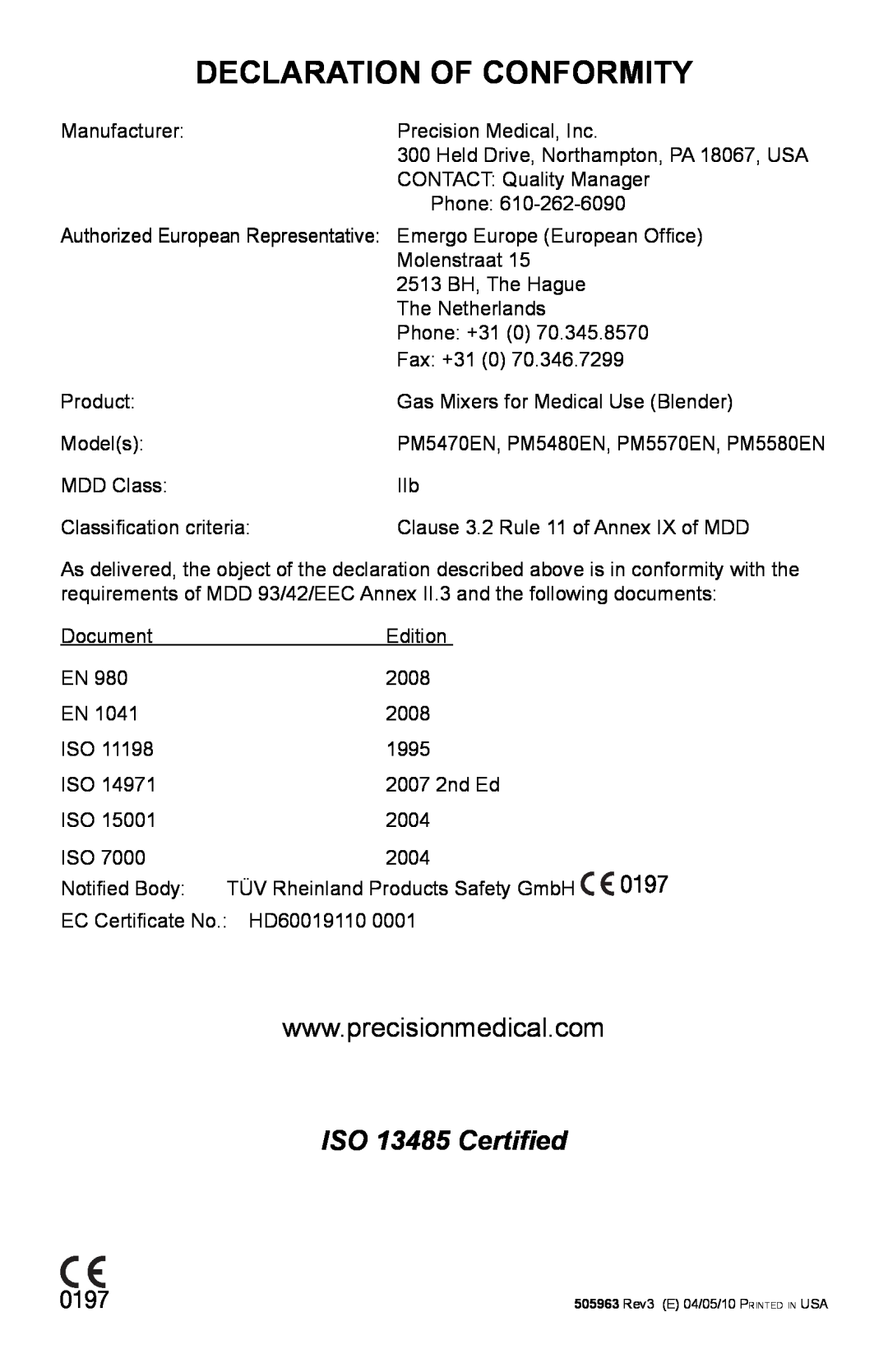 Helio PM5500, PM5400 user manual Declaration Of Conformity, ISO 13485 Certified 