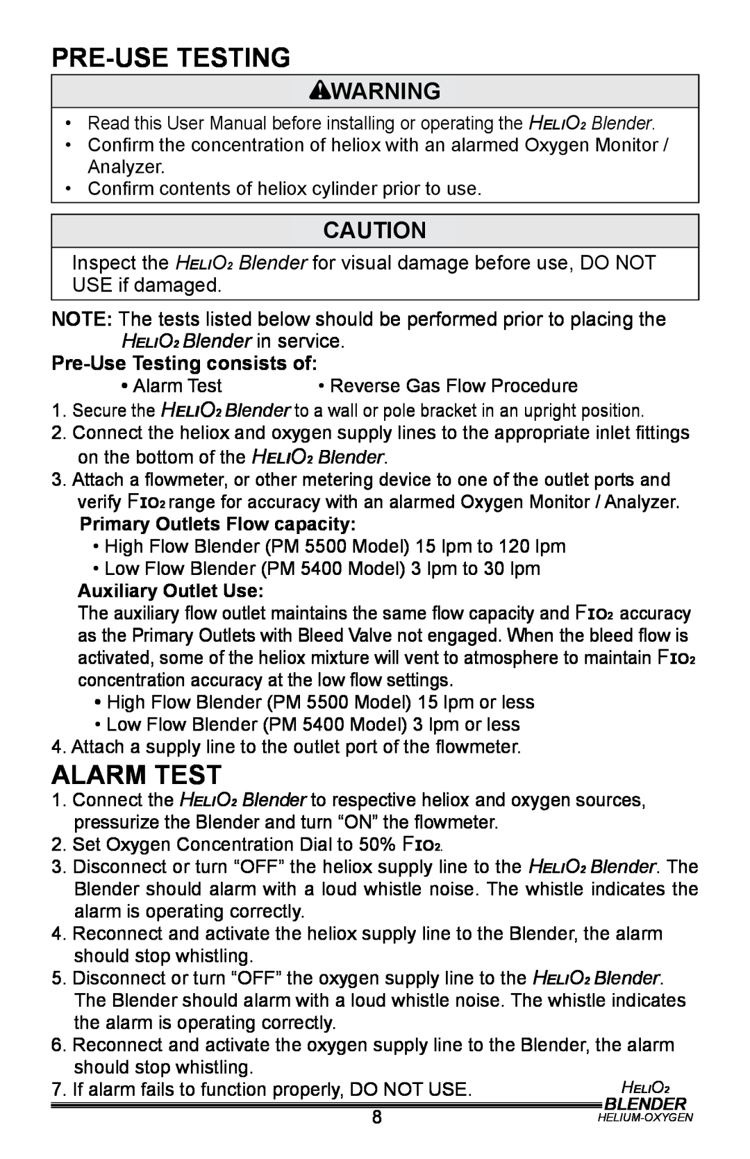 Helio PM5400, PM5500 user manual Pre-usetesting, Alarm Test, Pre-UseTesting consists of 
