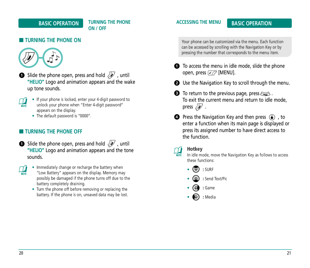 Helio PN-810 manual Basic Operation, Turning the Phone on, Turning the Phone OFF, On / OFF, Accessing the Menu 