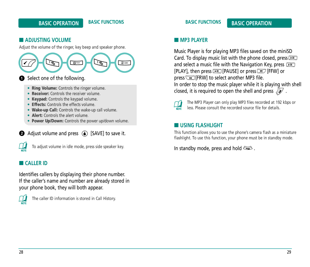 Helio PN-810 manual Adjusting Volume, Caller ID, MP3 Player, Using Flashlight 