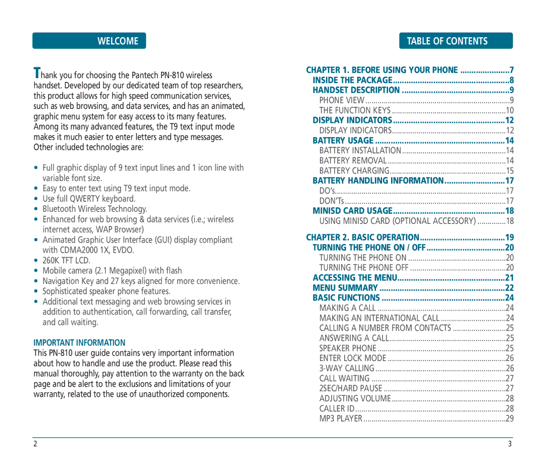 Helio PN-810 manual Welcome, Table of Contents 