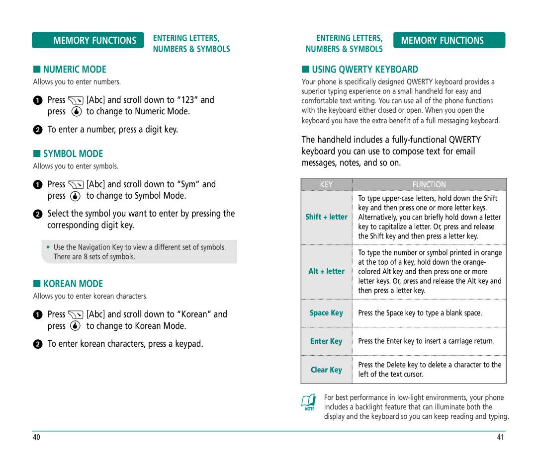 Helio PN-810 manual Numeric Mode, Symbol Mode, Korean Mode, Using Qwerty Keyboard 