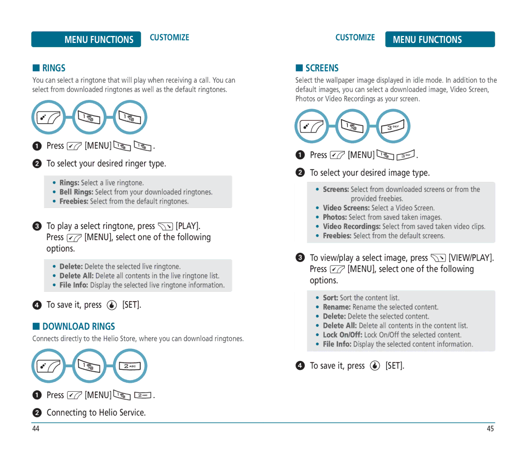 Helio PN-810 manual Menu Functions Customize, Download Rings, Screens 
