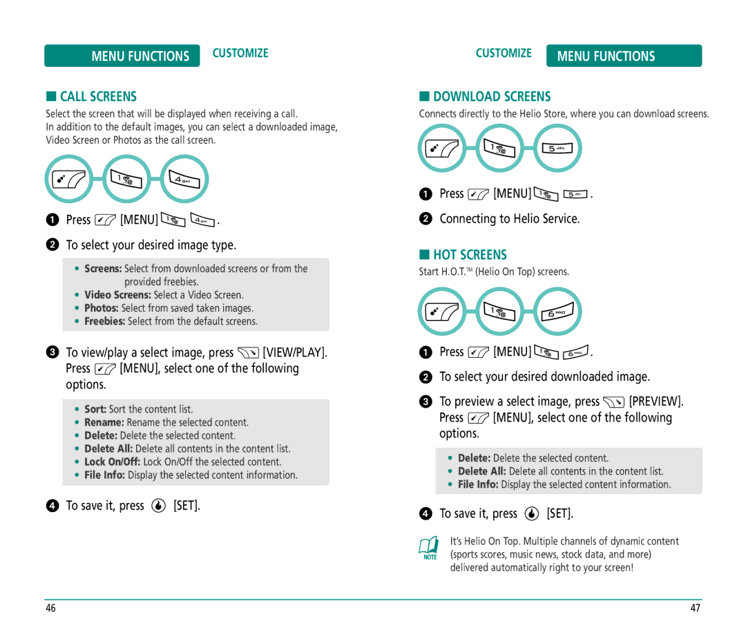 Helio PN-810 manual Call Screens, Download Screens, HOT Screens 
