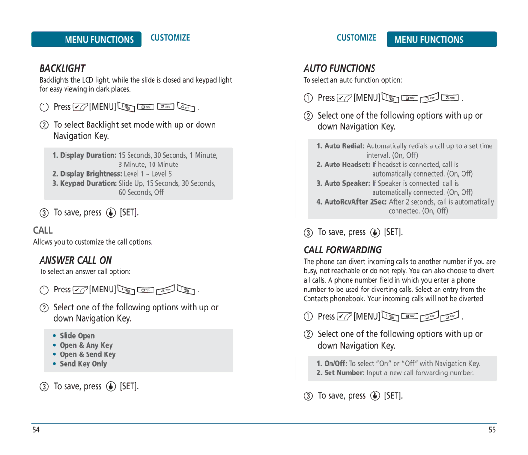 Helio PN-810 manual Backlight, Answer Call on, Auto Functions, Call Forwarding 