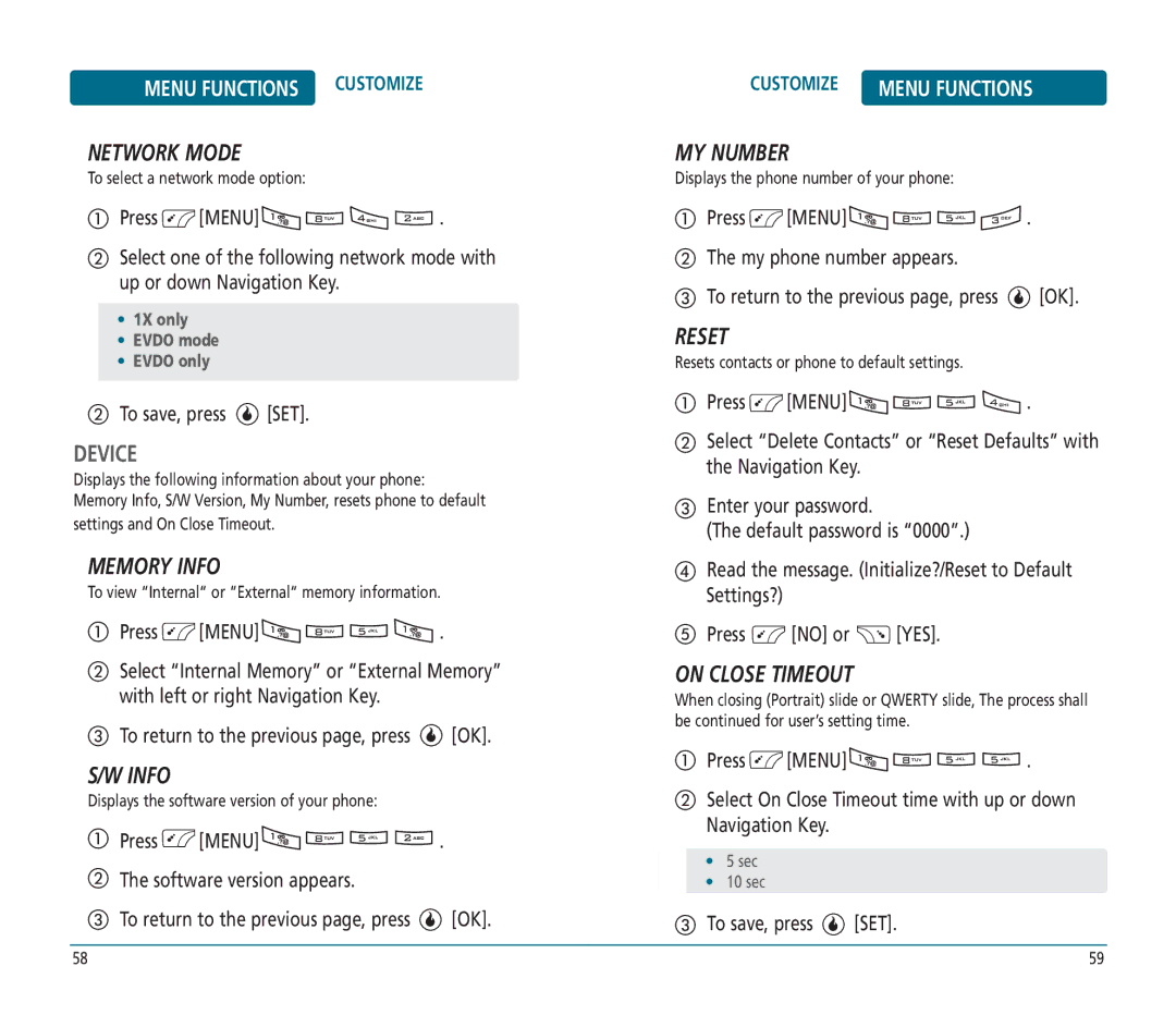 Helio PN-810 manual Network Mode, Memory Info, MY Number, Reset, On Close Timeout 