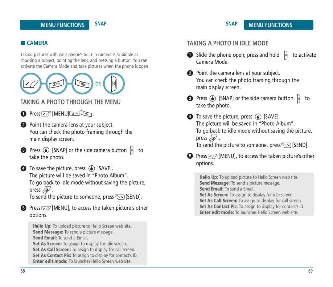 Helio PN-810 Menu Functions Snap, Camera, Snap Menu Functions, Press MENU, to access the taken picture’s other options 