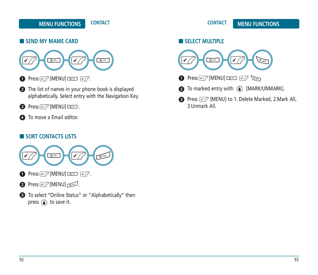Helio PN-810 manual Send MY Mame Card, Sort Contacts Lists, Select Multiple 