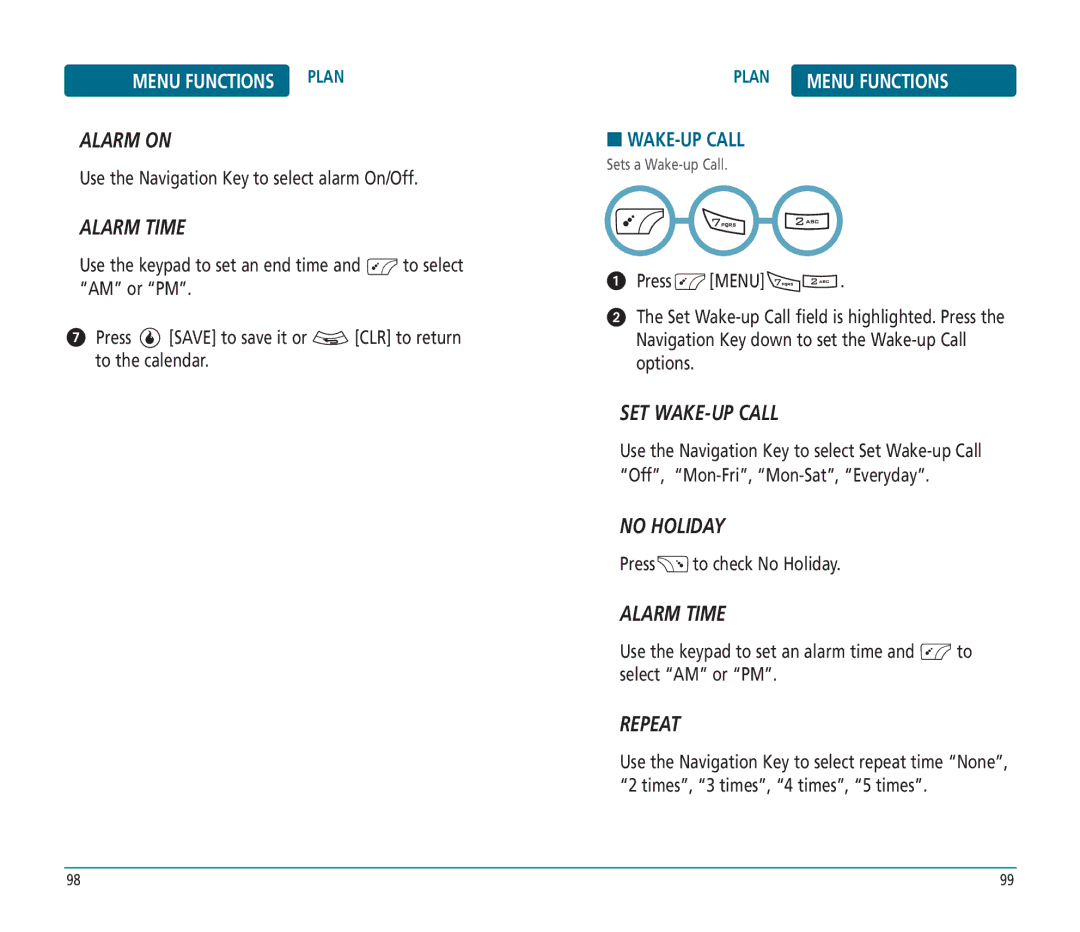 Helio PN-810 manual Alarm on, Alarm Time, SET WAKE-UP Call, No Holiday, Repeat 