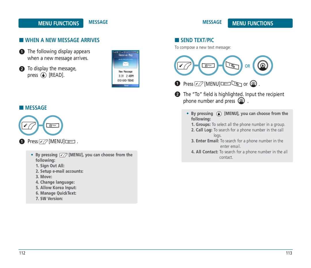 Helio PN-810 manual Menu Functions Message, When a NEW Message Arrives, Send TEXT/PIC 