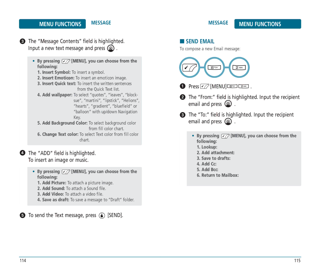 Helio PN-810 manual Send Email, ADD field is highlighted To insert an image or music, To send the Text message, press Send 