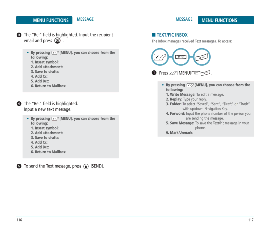 Helio PN-810 manual TEXT/PIC Inbox, Re field is highlighted Input a new text message 