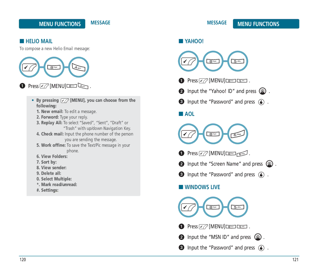 Helio PN-810 manual Helio Mail, Yahoo, Aol, Windows Live 