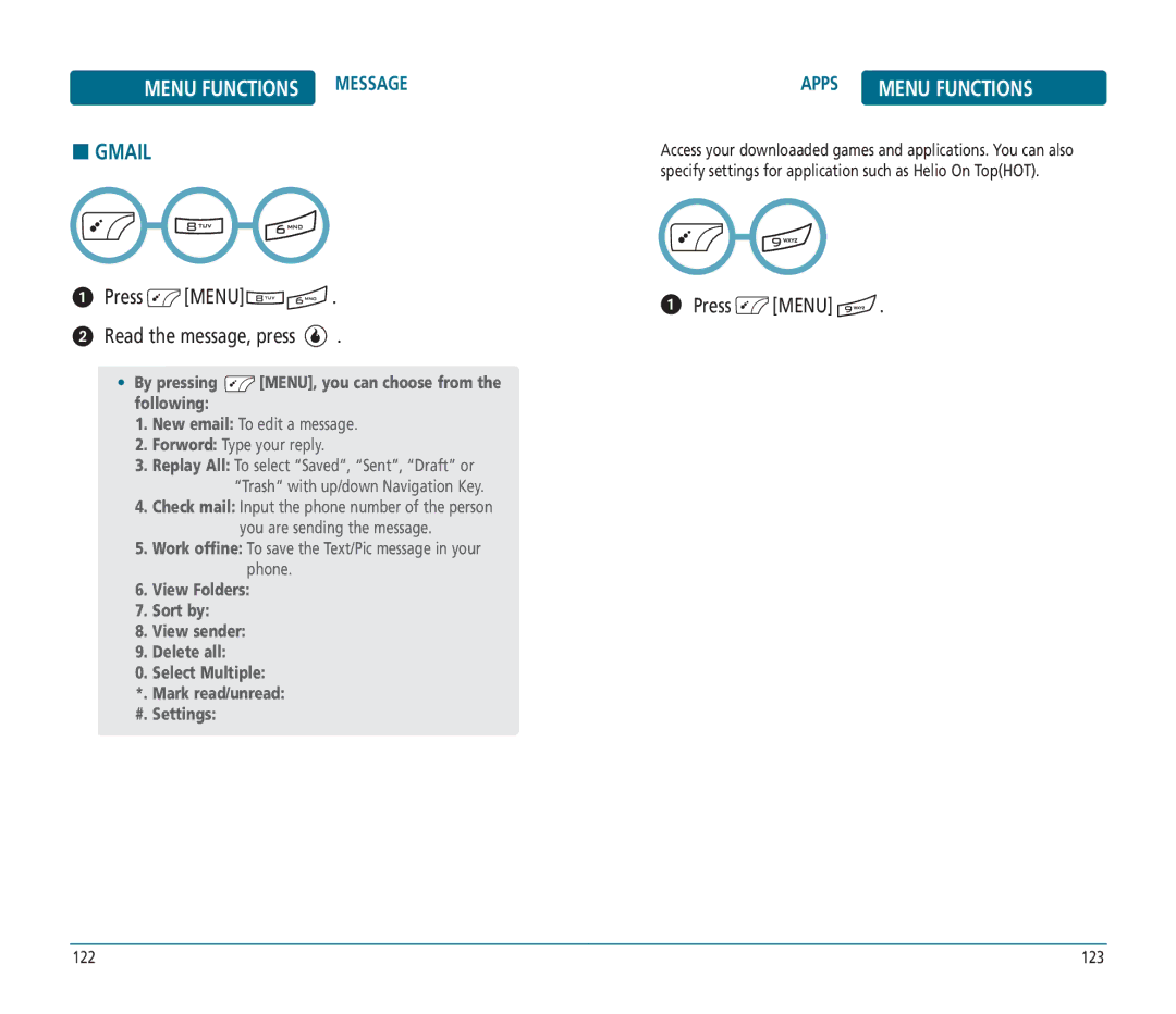 Helio PN-810 manual Gmail, Press Menu Read the message, press, Apps 