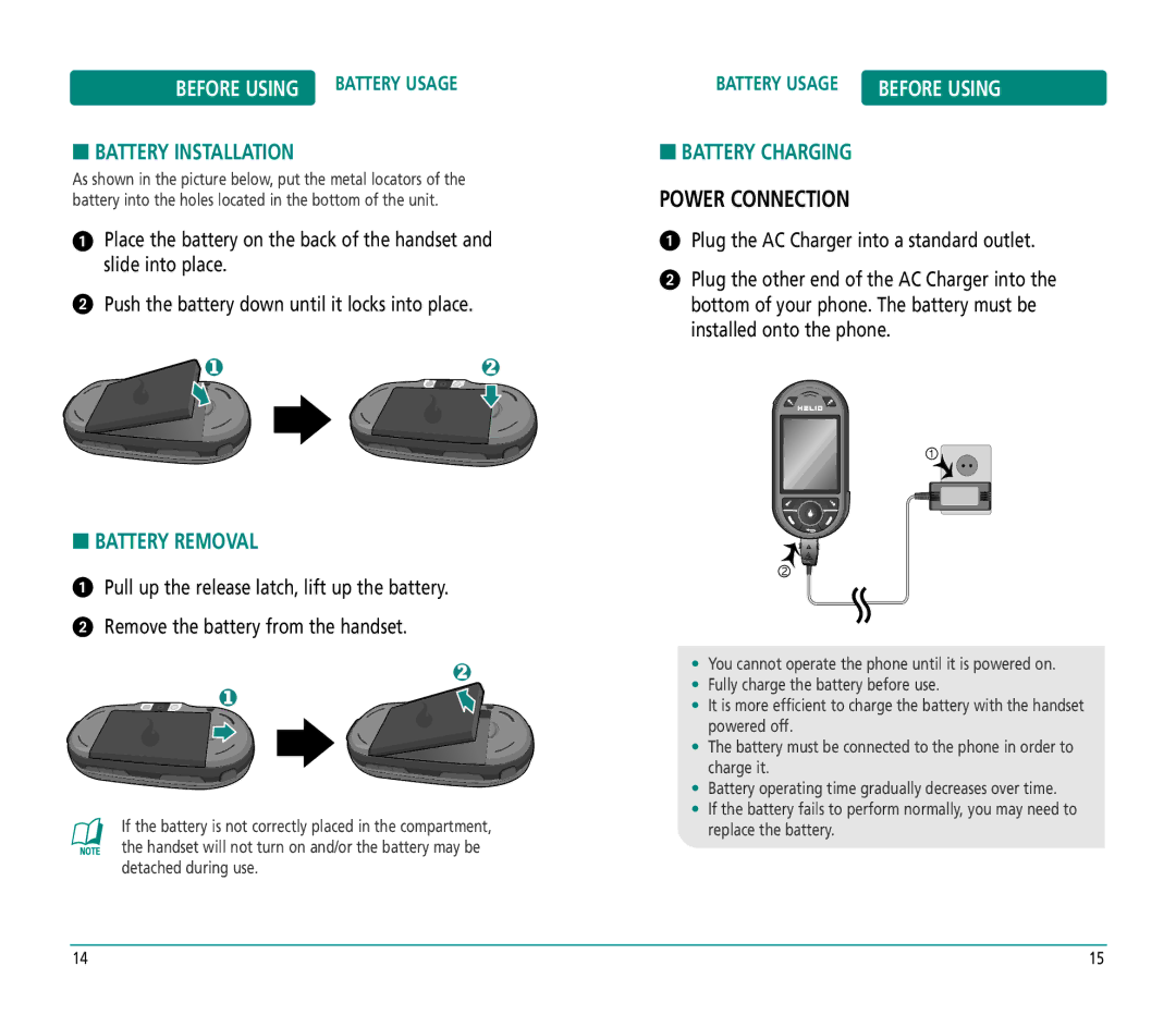 Helio PN-810 manual Battery Installation, Battery Removal, Battery Charging, Battery Usage 