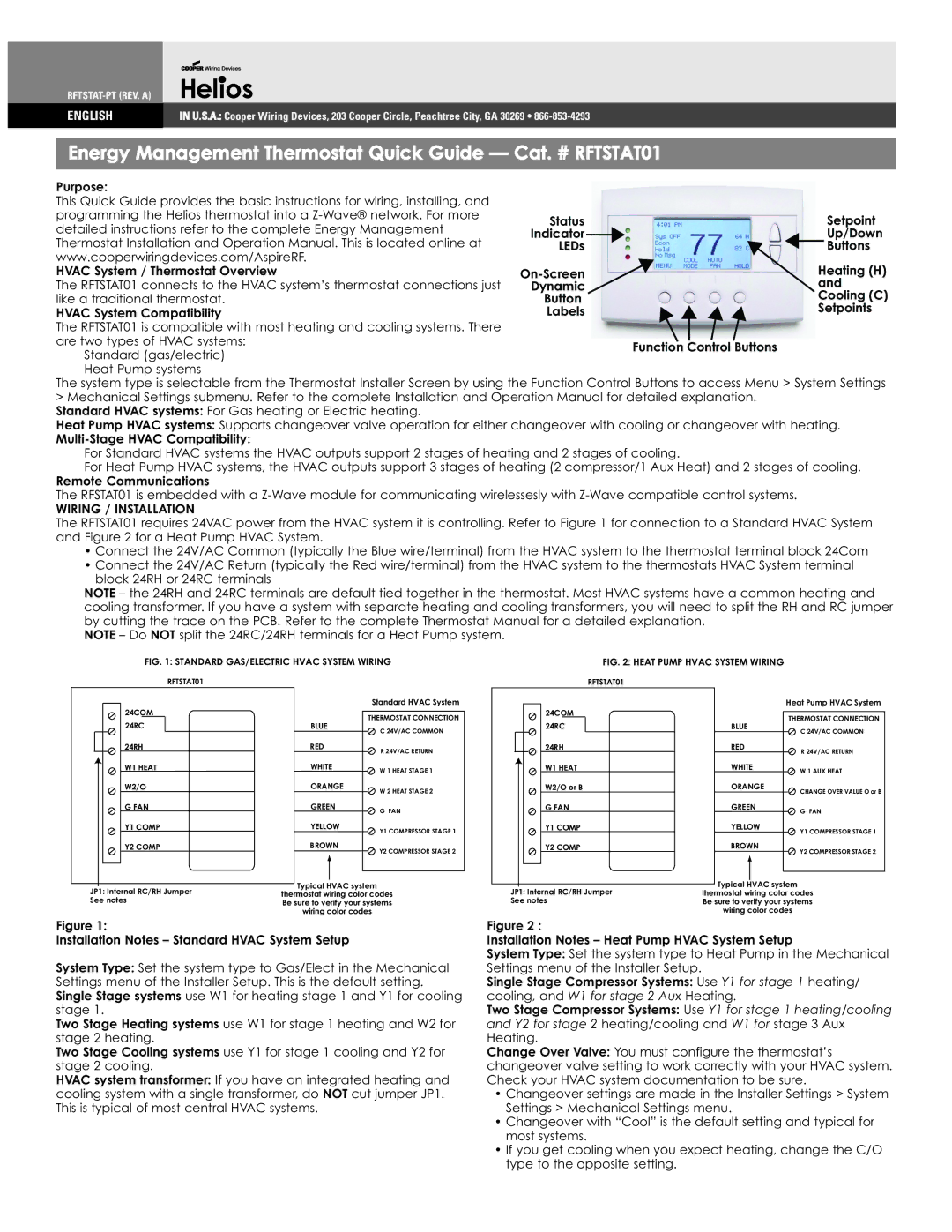 Helio RFTSTAT01 operation manual Wiring / Installation 