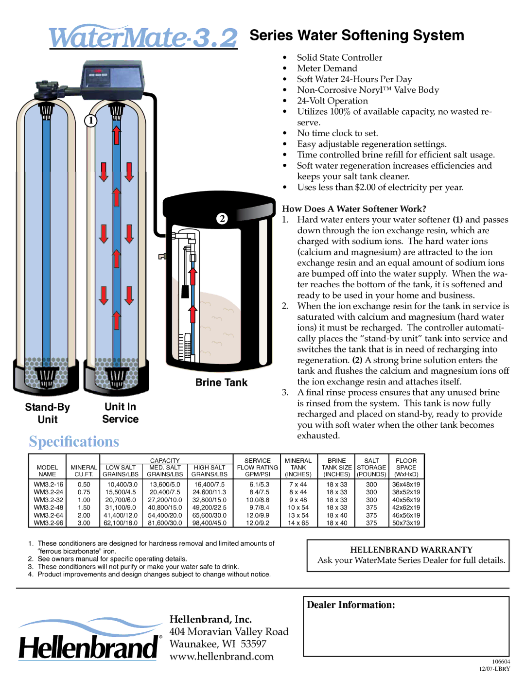 Hellenbrand 3.2 manual Specifications, How Does a Water Softener Work? 