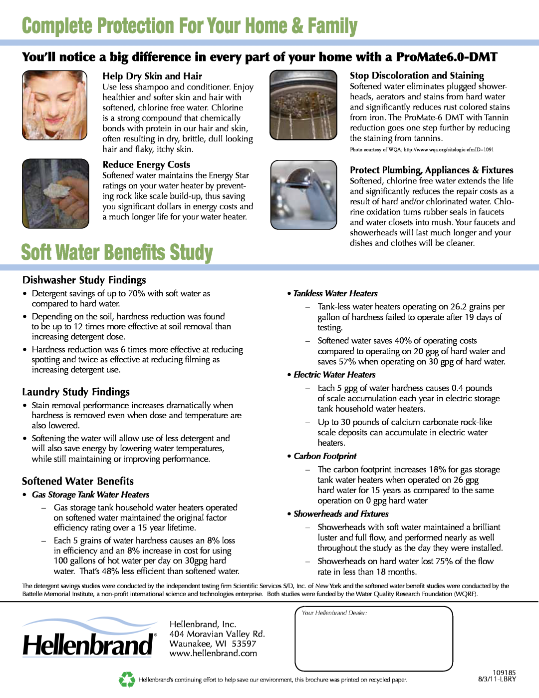 Hellenbrand 6.0-DMT manual Complete Protection For Your Home & Family, Soft Water Benefits Study, Dishwasher Study Findings 