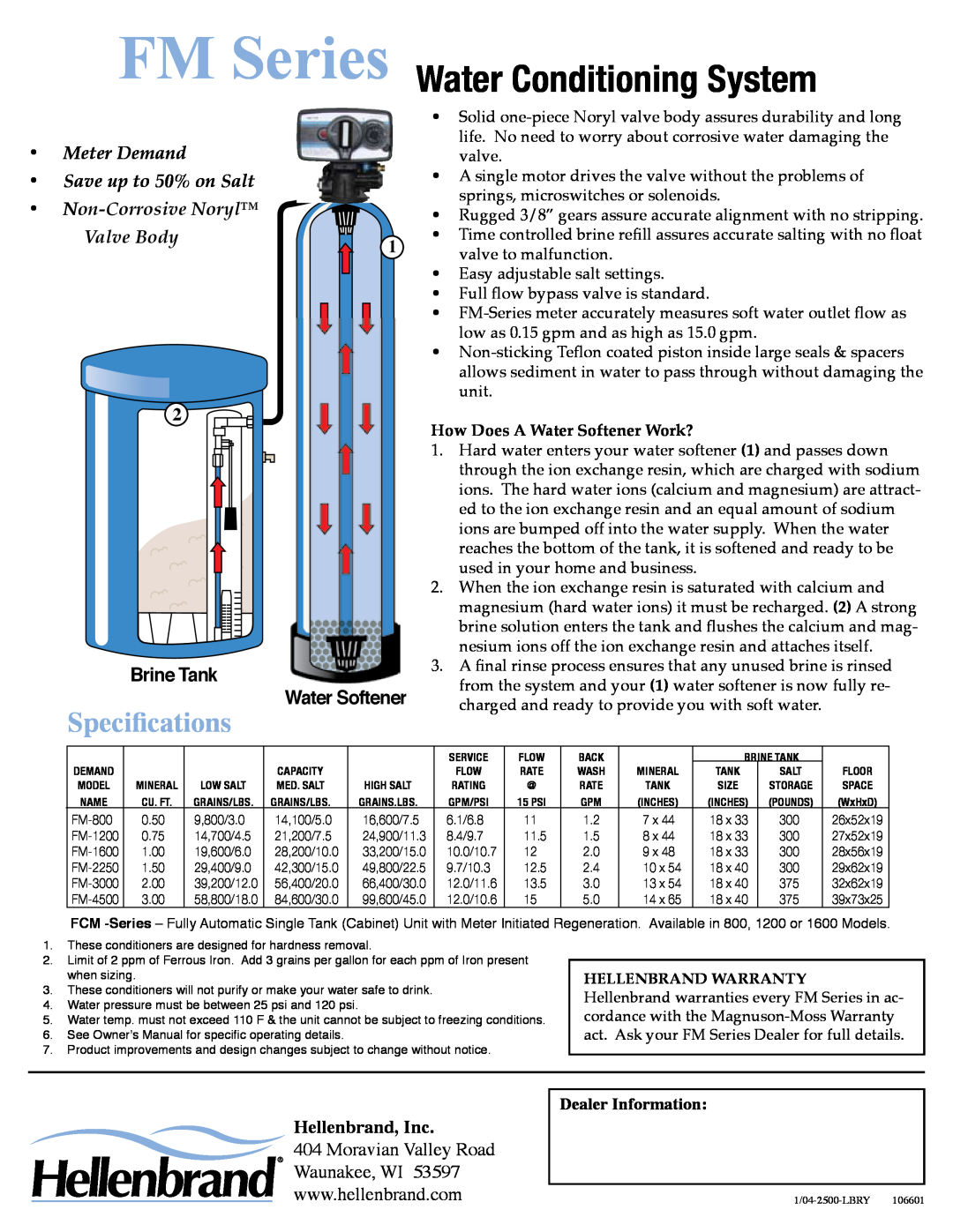Hellenbrand FM Series manual Water Conditioning System, Specifications, Brine Tank, Water Softener, Non-Corrosive Noryl 
