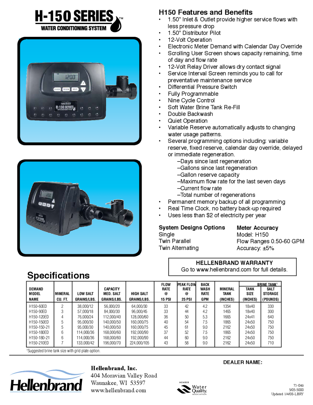 Hellenbrand H-150 Series manual Specifications, H150 Features and Benefits, Hellenbrand Warranty 