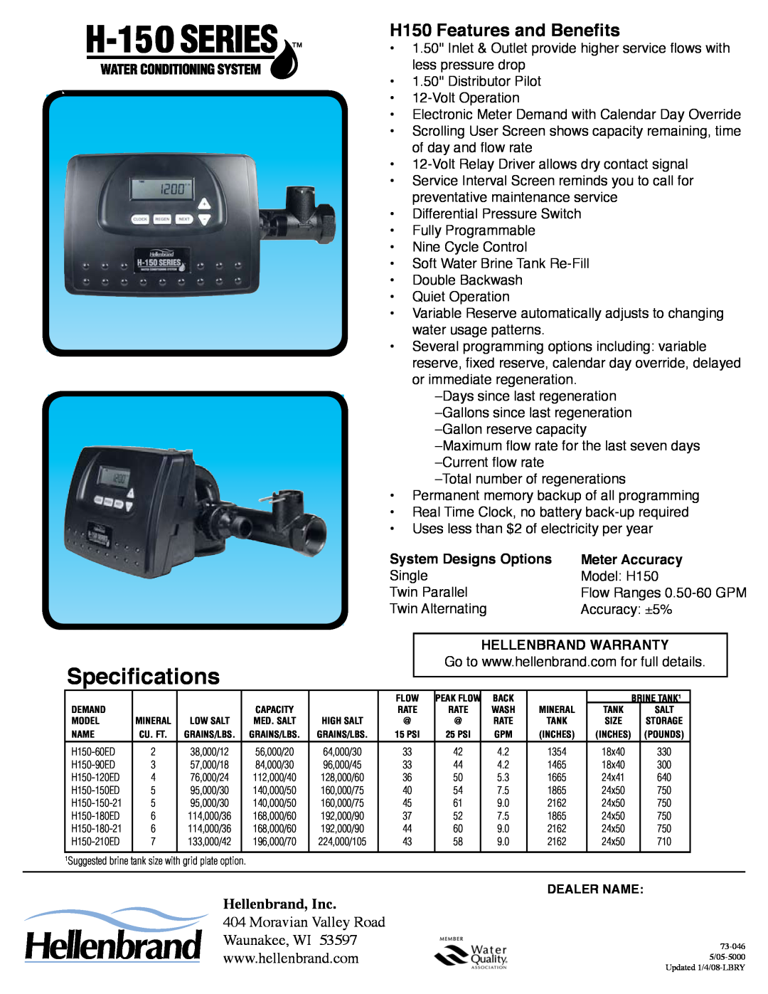 Hellenbrand H-150 Series manual Specifications, H150 Features and Benefits, Hellenbrand, Inc, System Designs Options 