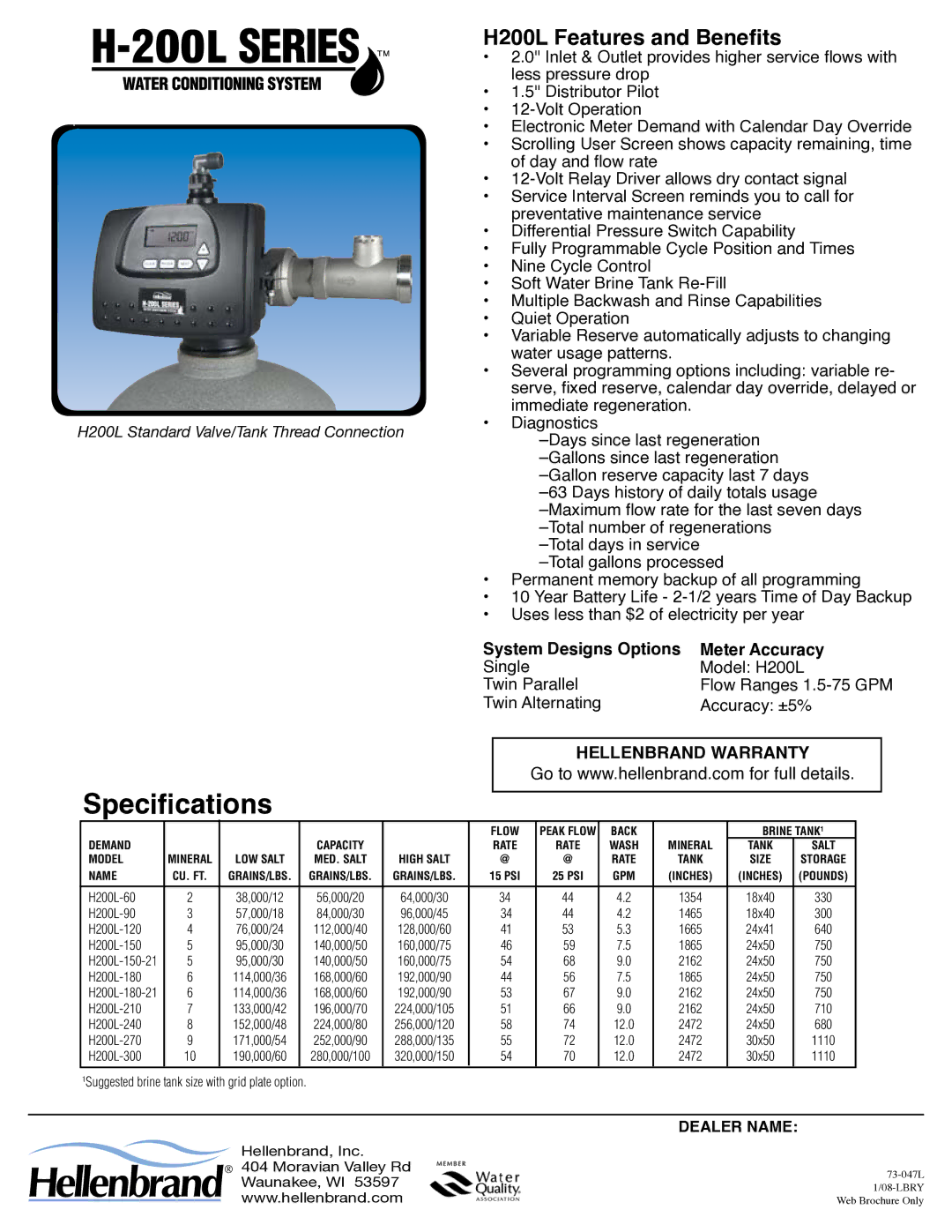 Hellenbrand H-200L Series manual Specifications, H200L Features and Benefits, Hellenbrand Warranty 