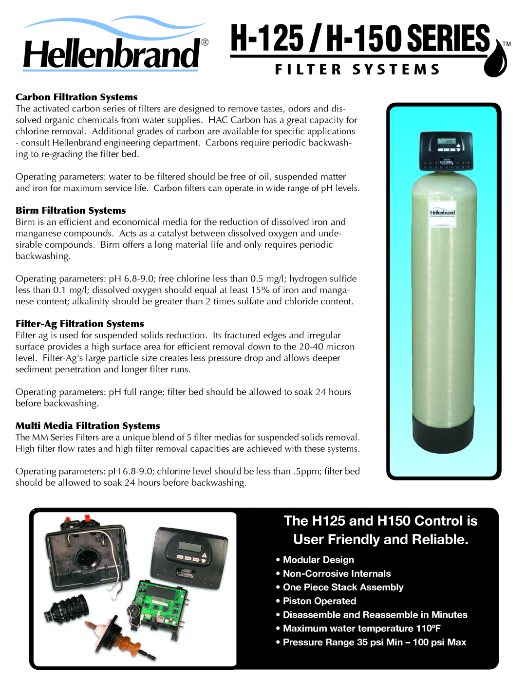 Hellenbrand H125 Series manual Carbon Filtration Systems, Birm Filtration Systems, Filter-Ag Filtration Systems 