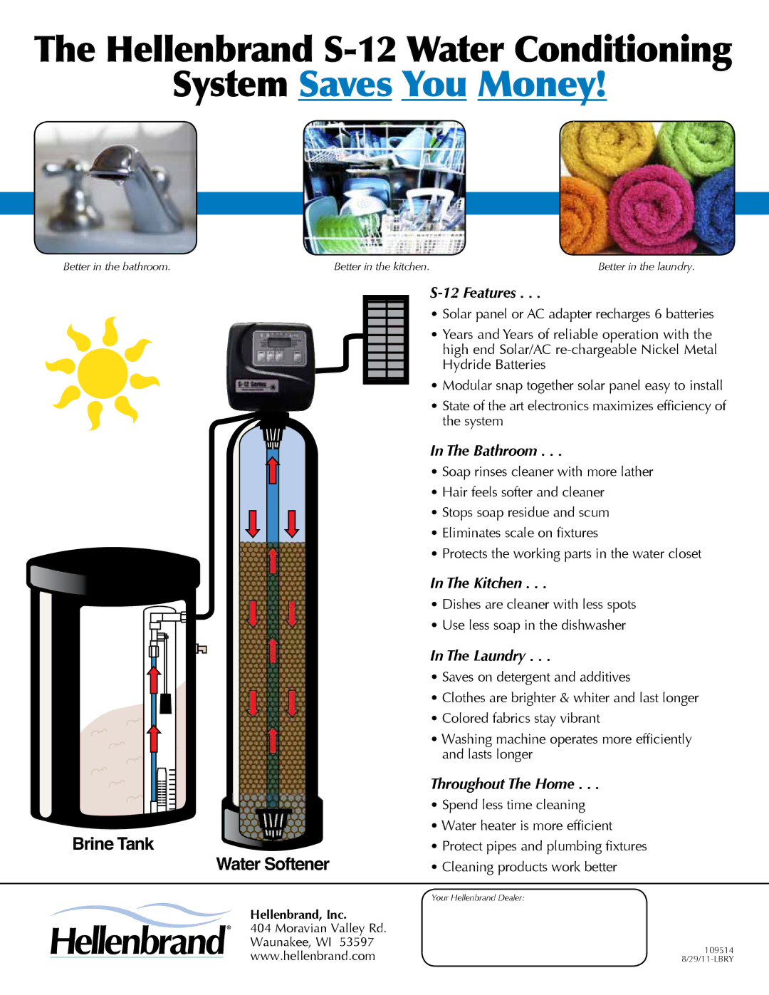 Hellenbrand S-12 SERIES manual System Saves You Money, Brine Tank Water Softener 