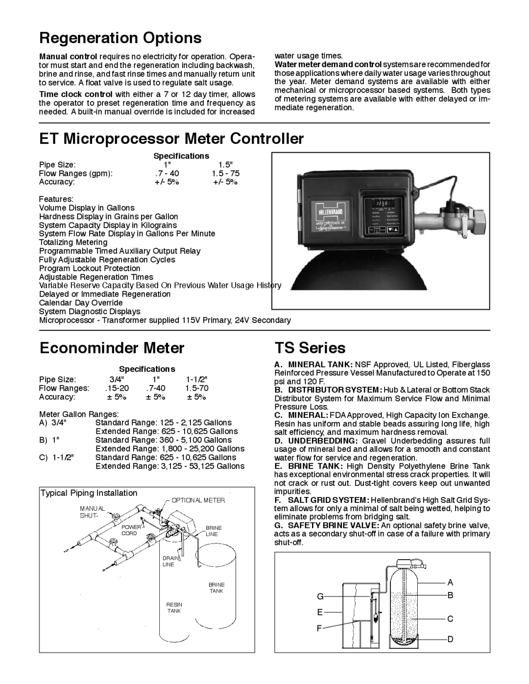 Hellenbrand TS Series manual Regeneration Options, ET Microprocessor Meter Controller, Econominder Meter 