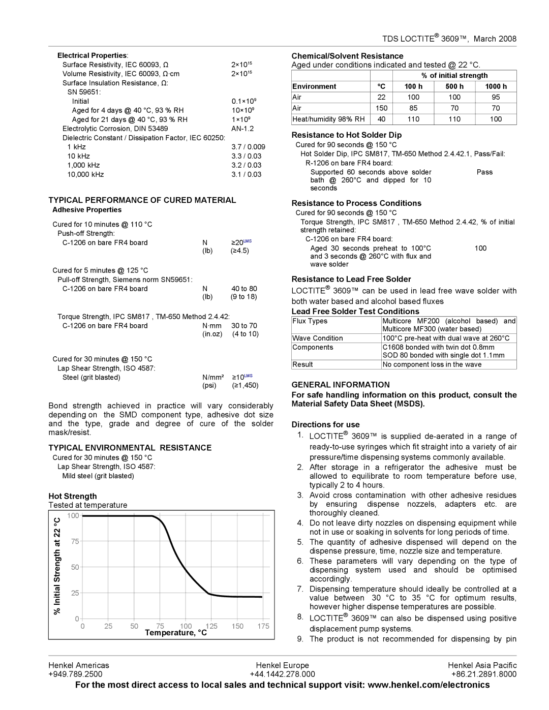 Henkel 3609TM manual Typical Performance of Cured Material, General Information, Typical Environmental Resistance 