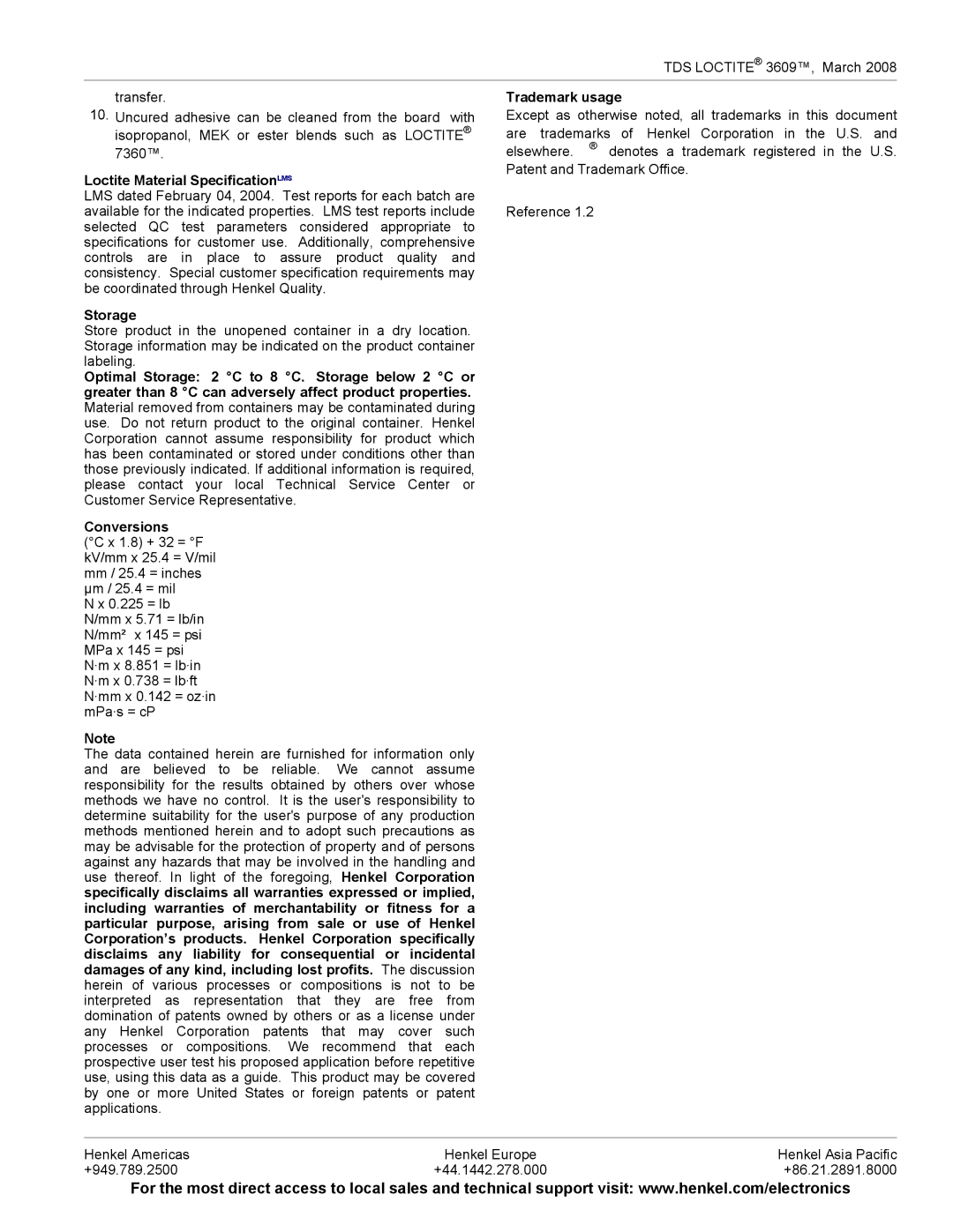 Henkel 3609TM manual Loctite Material SpecificationLMS, Storage, Trademark usage 