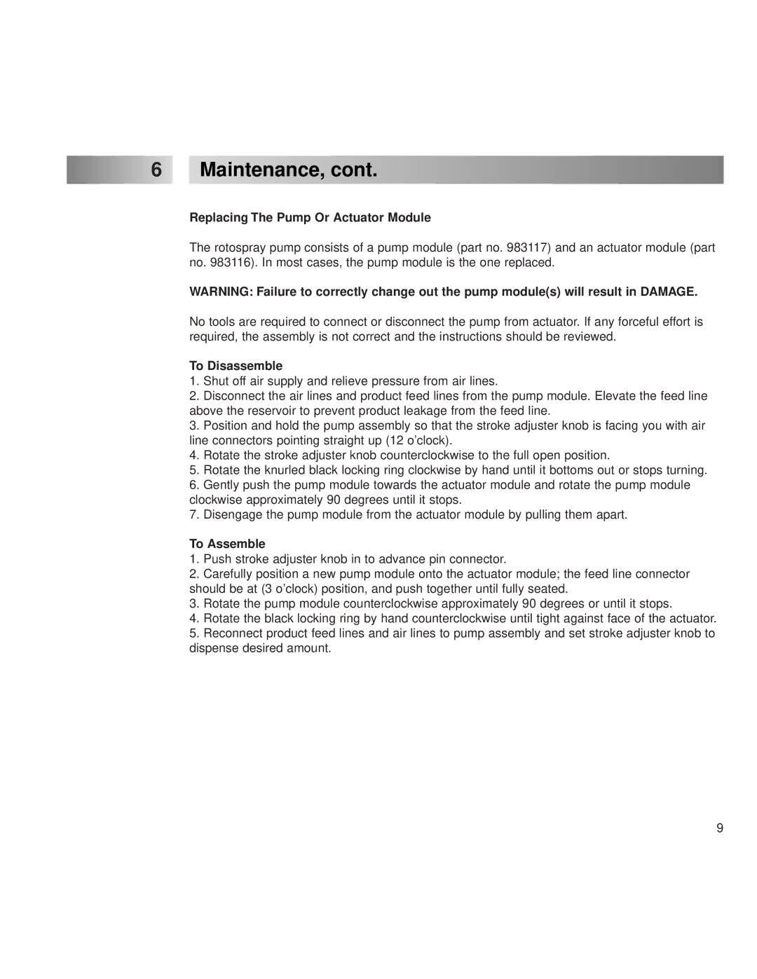 Henkel 9000 operation manual Maintenance, Replacing The Pump Or Actuator Module, To Disassemble, To Assemble 