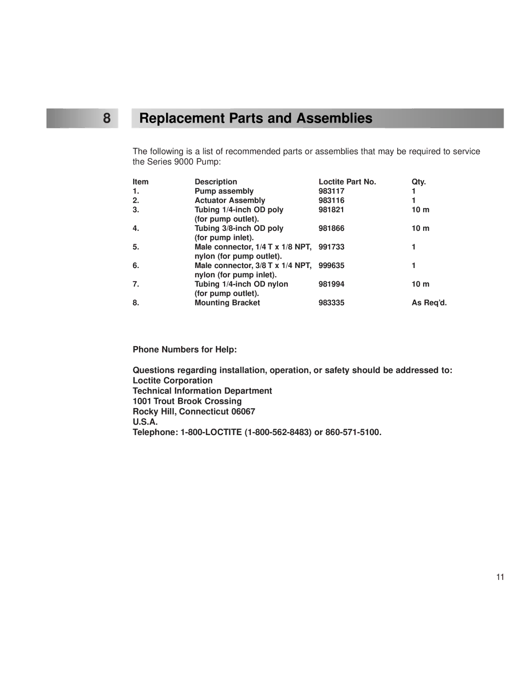 Henkel 9000 operation manual Replacement Parts and Assemblies 