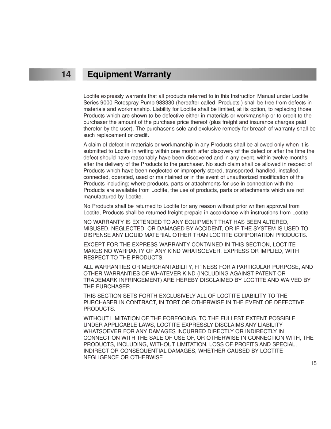 Henkel 9000 operation manual Equipment Warranty 