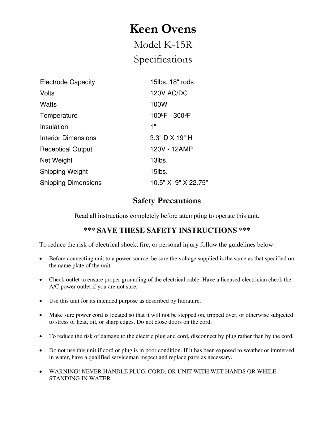 Henkel manual Model K-15R, Specifications, Safety Precautions 