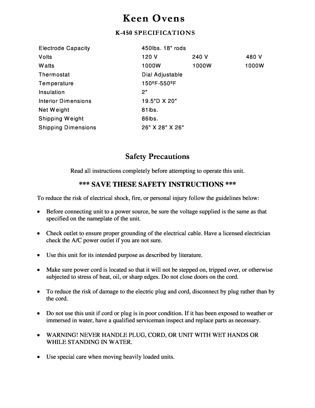 Henkel manual Safety Precautions, Save These Safety Instructions, Keen Ovens, K-450SPECIFICATIONS 